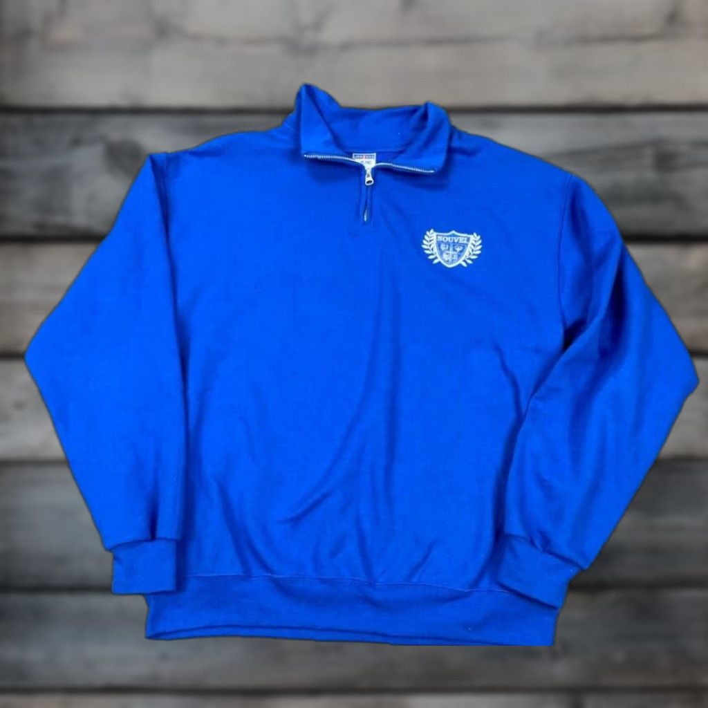 Jerzees Nouvel Embroidered School Crest Sweatshirt 1/4-Zip Adult Large Blue Collared Size US L / EU 52-54 / 3 - 1 Thumbnail