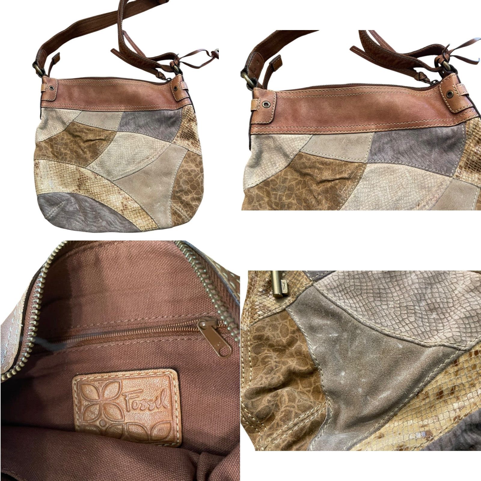 Fossil Fossil Leather Suede Crossbody Purse Boho Patchwork Shoulderbag Women Brown Multicolor Exterior Leather Suede Crossbody Bag 24" Strap Drop Womens Size ONE SIZE - 8 Thumbnail