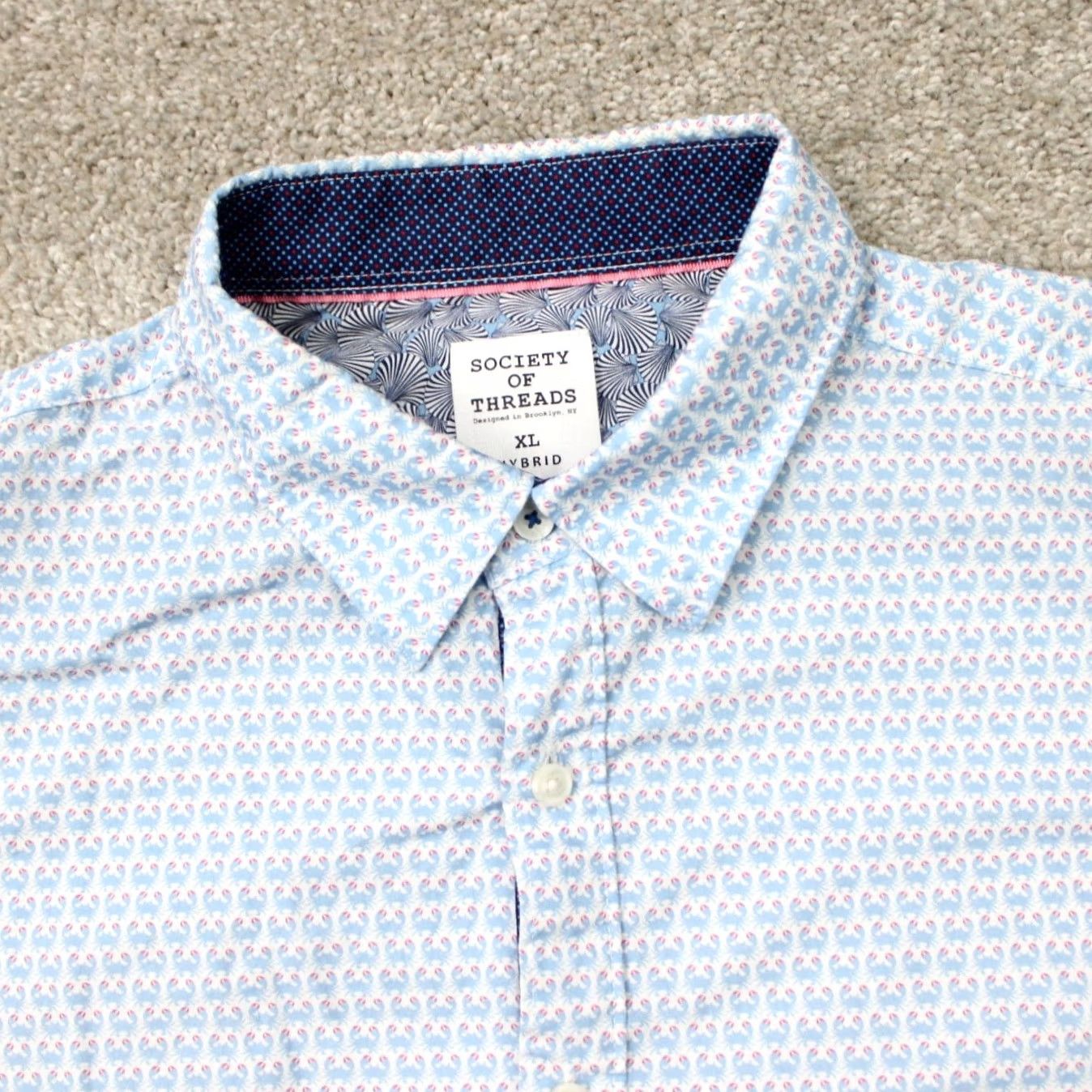 Vintage Society of Threads Shirt Mens XL Blue Crab All Over Print S/S Button-Up Graphic Print Casual Cotton Blend Twill Lightweight Breathable Non-Iron Size US XL / EU 56 / 4 - 6 Thumbnail