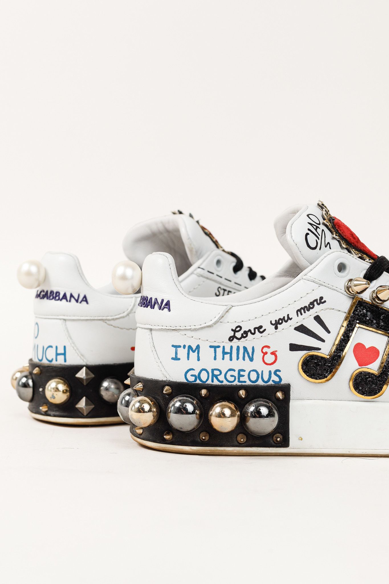 Dolce & Gabbana Dolce & Gabbana White Leather Musical Note Patch Sneakers Size US 7 / IT 37 - 10 Thumbnail