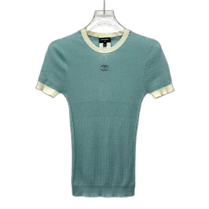 Chanel Blue Logo Rhinestone Knit Short Sleeve Shirt -2505 Size US S / EU 44-46 / 1 - 1 Thumbnail