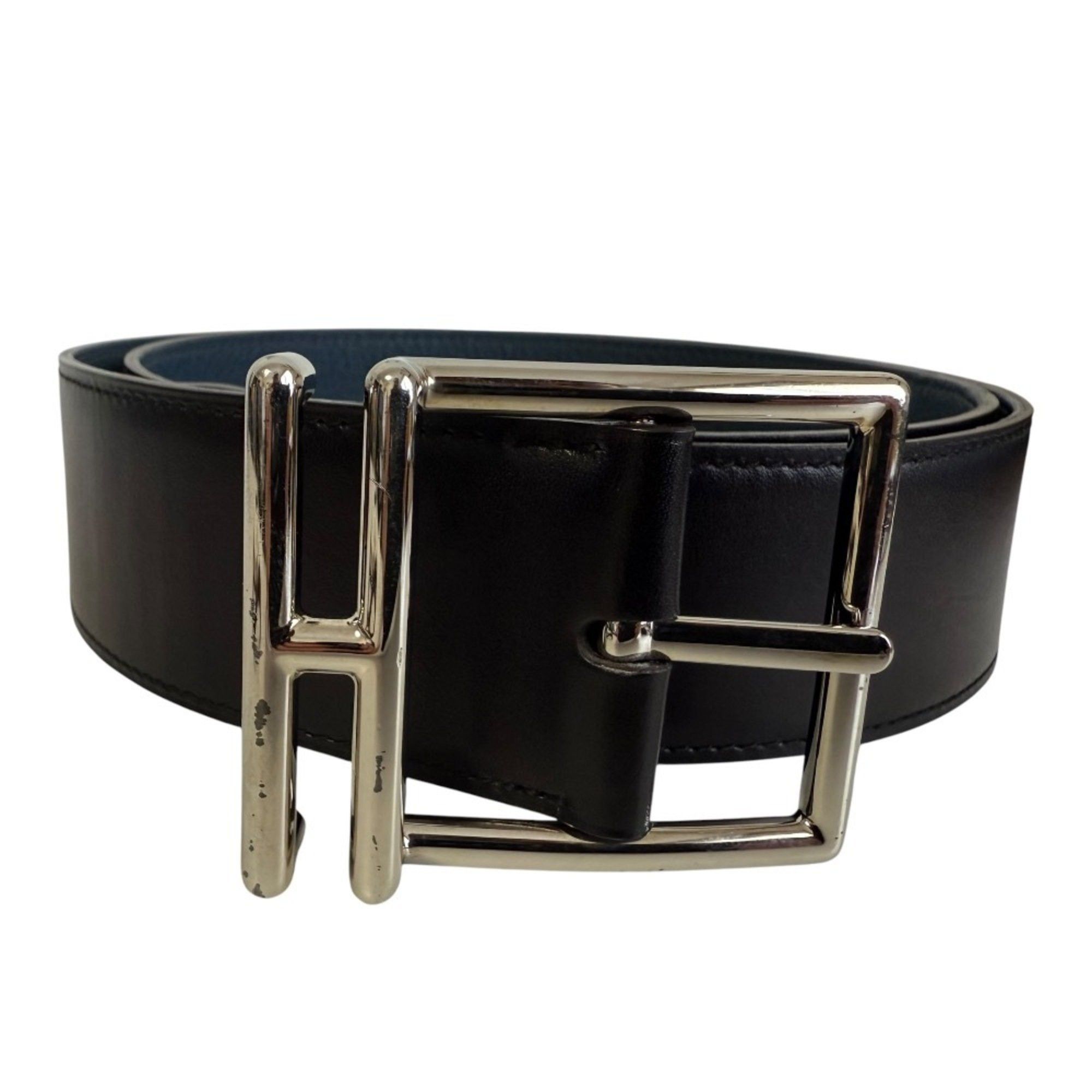 Hermes HERMES Nathan H hardware calfskin x taurillon leather reversible belt 90 black blue silver men's Size ONE SIZE - 1 Thumbnail