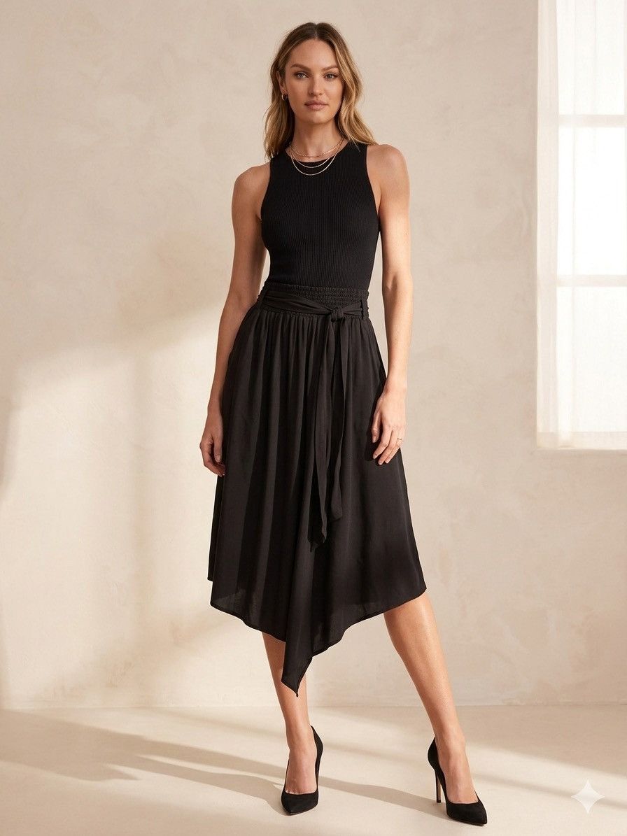 KOBI HALPERIN Kobi Halperin Black Viscose Midi Skirt Asymmetric Belted M Size 32" / US 10 / IT 46 - 1 Thumbnail