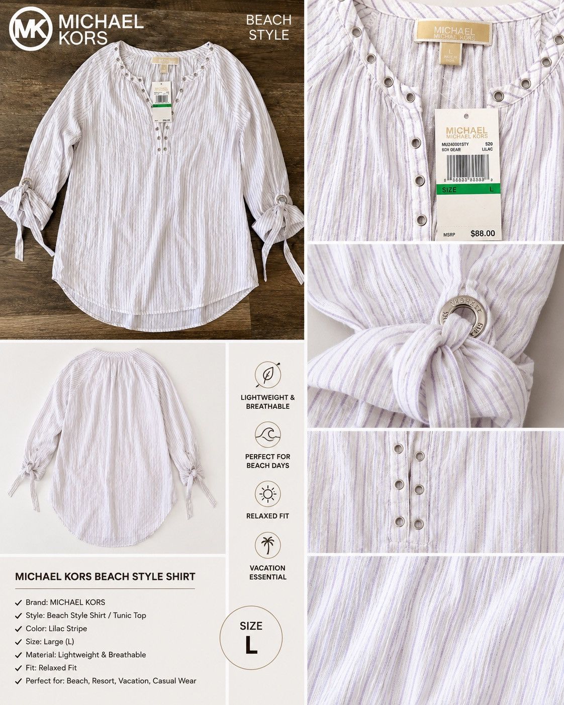 Michael Kors Michael Kors Women Tunic Blouse Shirt Top Linen 3/4 Sleeve Size L / US 10 / IT 46 - 1 Thumbnail