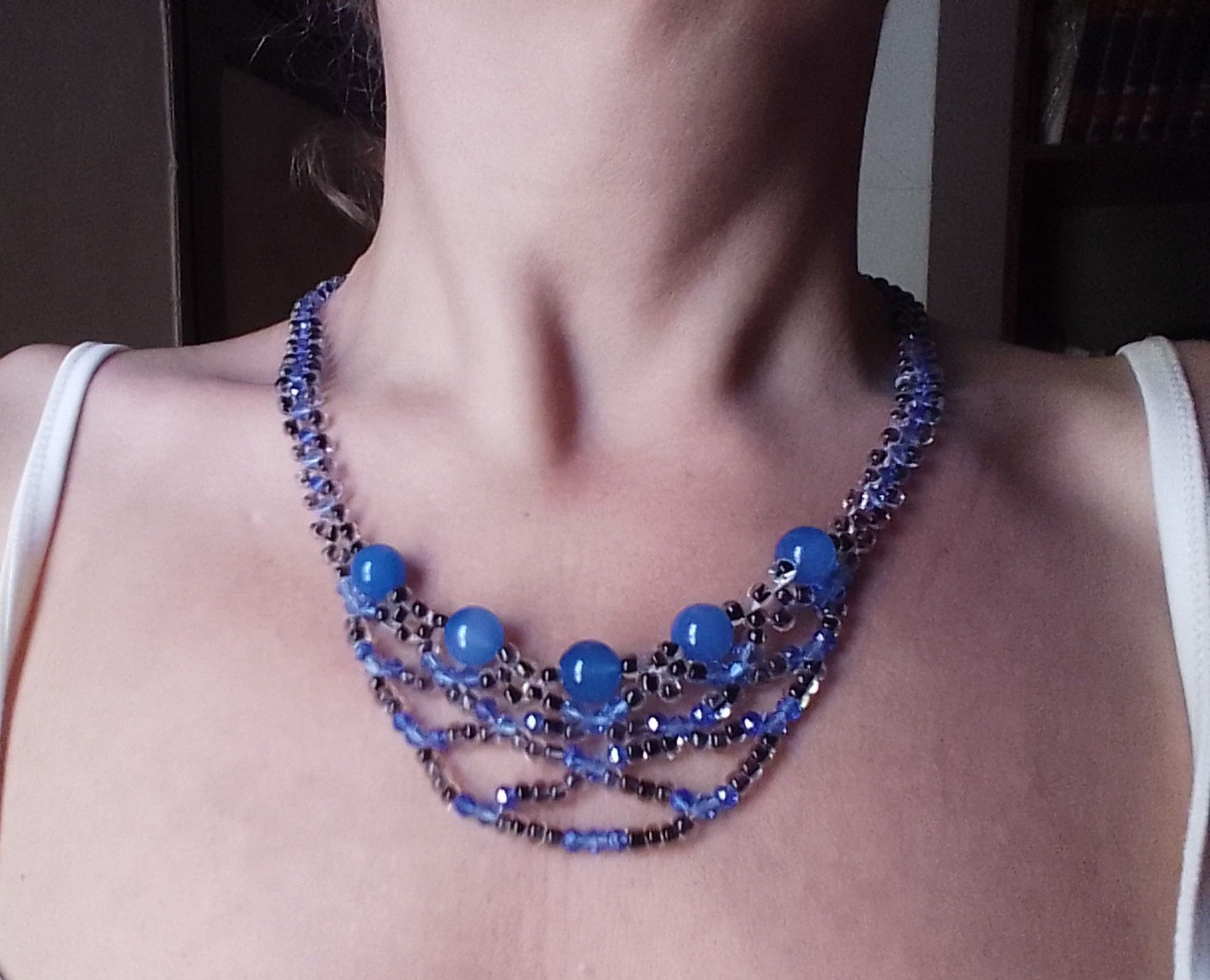 Handmade Black Necklace. Netted Glamour blue Agate Gemstones Size ONE SIZE - 2 Thumbnail