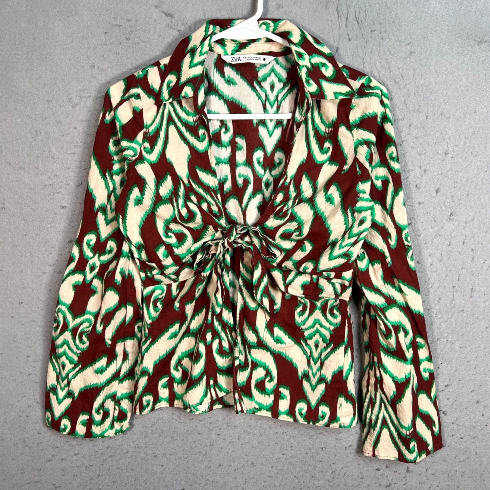 Zara Zara Blouse Womens XS Ikat Print Tie-Front 100% Cotton Long Sleeve Multicolor Size XS / US 0-2 / IT 36-38 - 2 Thumbnail