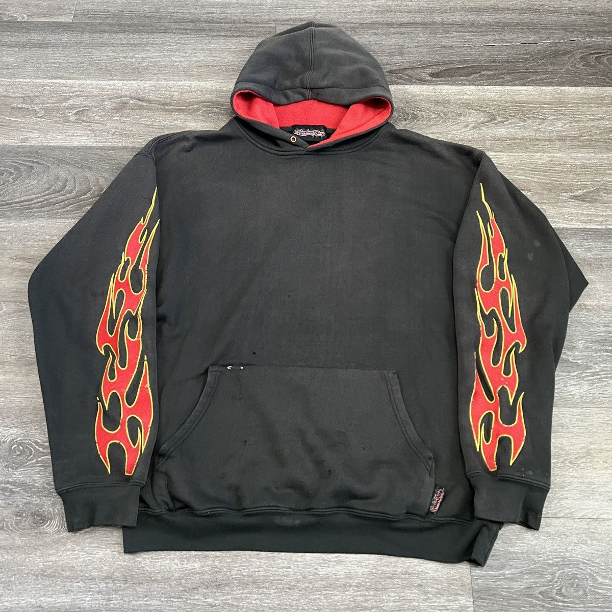 image of Jnco x Straight Faded Vintage Y2K Sapphire Lounge Faded Embroidered Flame Sleeves in Black (Size XL