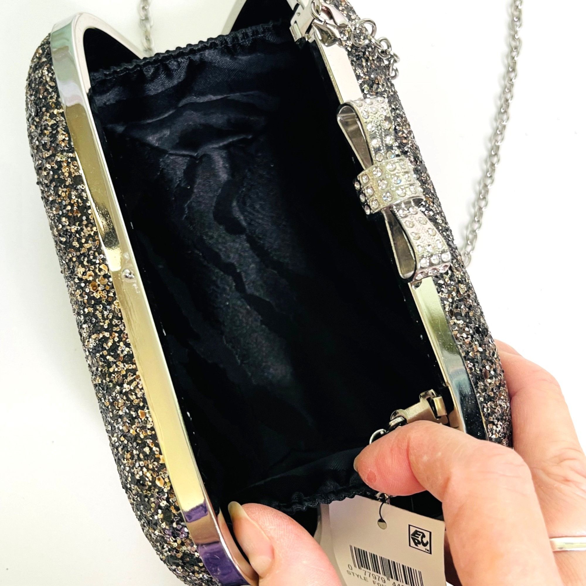 I.N.C Clutch Purse Evie by INC Hard Shell Silver Glitter on Black Size ONE SIZE - 4 Thumbnail