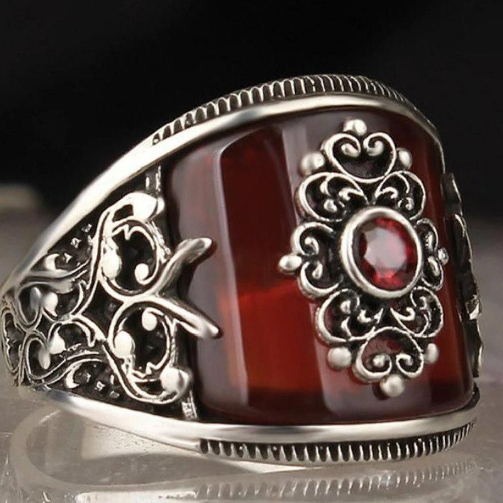 Designer Men's Handmade Red Agate Stone Silver Ring - Size 9 Size ONE SIZE - 2 Thumbnail