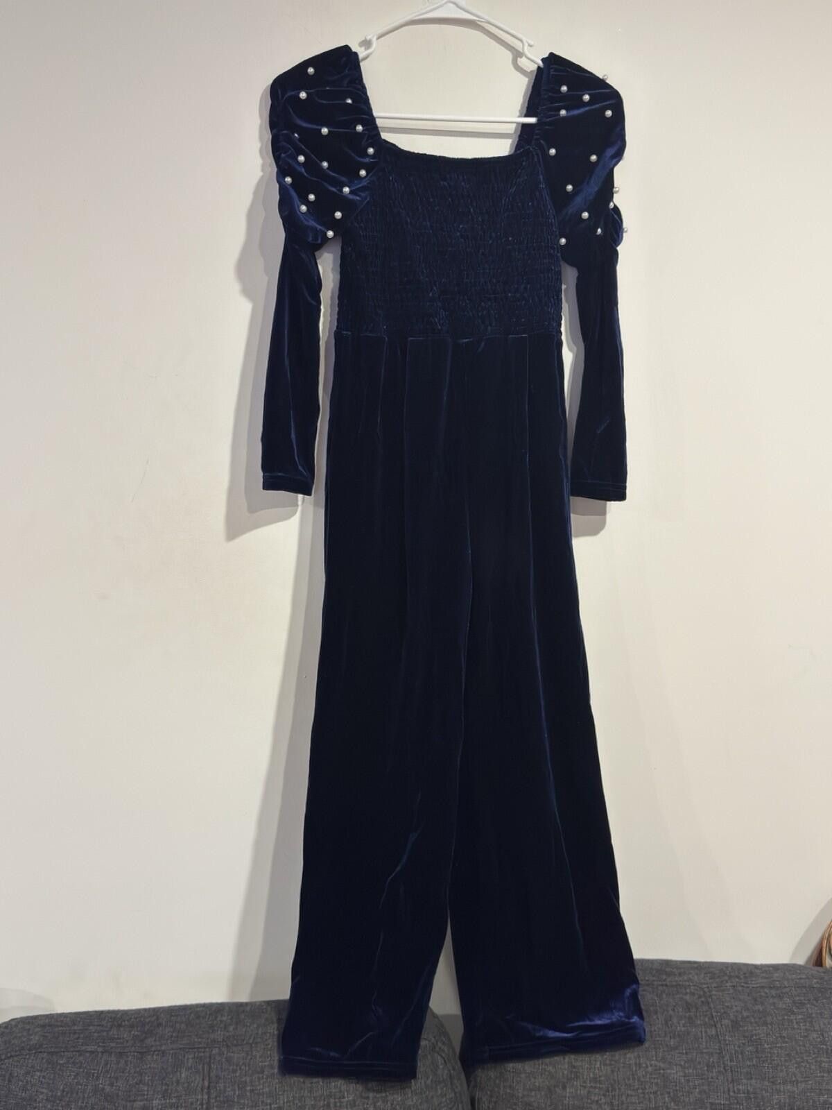 Other Girls Velvet Pearl Beaded Wide Leg Jumpsuit Square Neck(10Y) Size 30" / US 8 / IT 44 - 1 Thumbnail