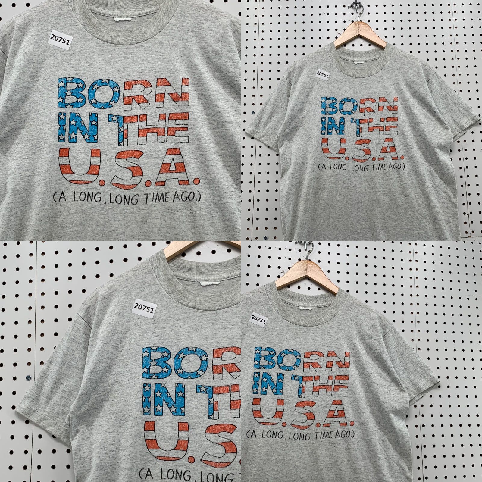 Fruit Of The Loom VINTAGE Born In The USA Shirt Mens XL Gray USA Flag Funny Single Stitch Size US XL / EU 56 / 4 - 8 Thumbnail