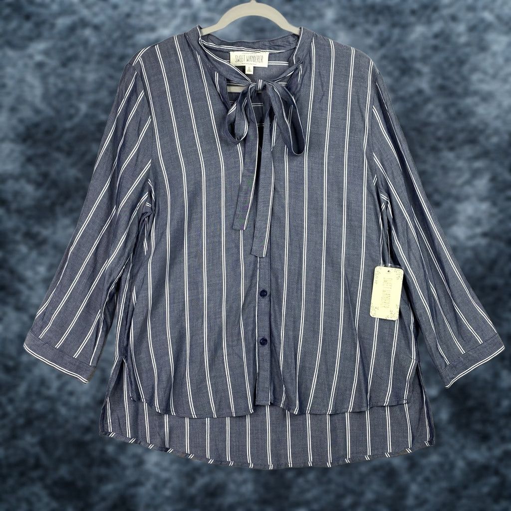 Vintage Sweet Wanderer Blouse Shirt XL Womens Blue Striped 3/4 Sleeve NWT Button Up Tie Neck Size XL / US 12-14 / IT 48-50 - 1 Thumbnail
