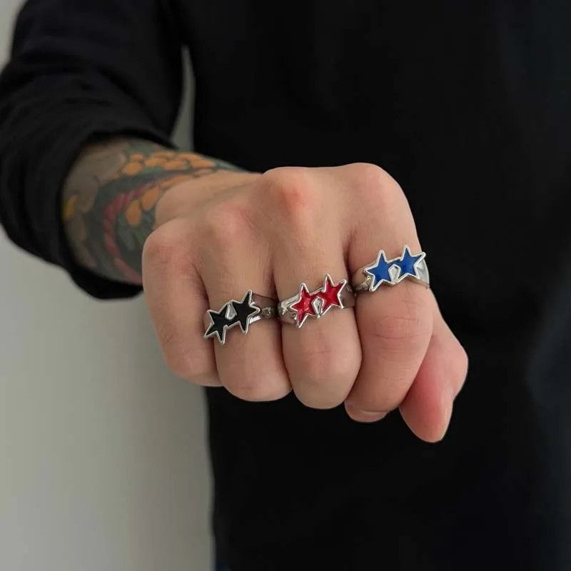 Japanese Brand Vintage OS 3 Rings Oil Pentagram Star Open Rings Adjustable Size ONE SIZE - 2 Thumbnail