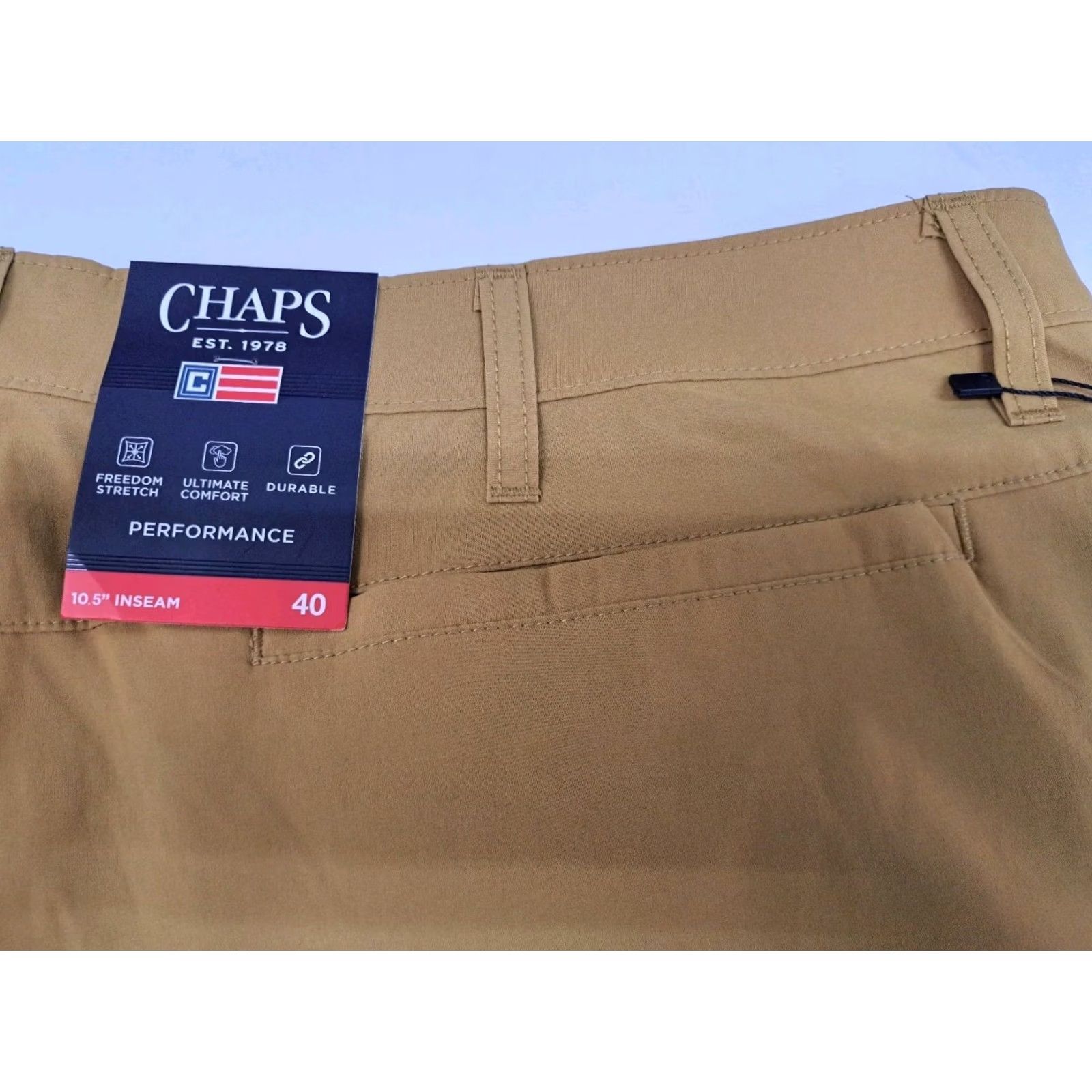 Chaps NWT Chaps Mens Performance Stretch Regular Fit Nylon/SP Shorts 40/10.5" #7138 Brown Chino Casual Travel Slas h Pockets Logo Zipper Easy Care 90s? Size US 40 / EU 56 - 4 Thumbnail