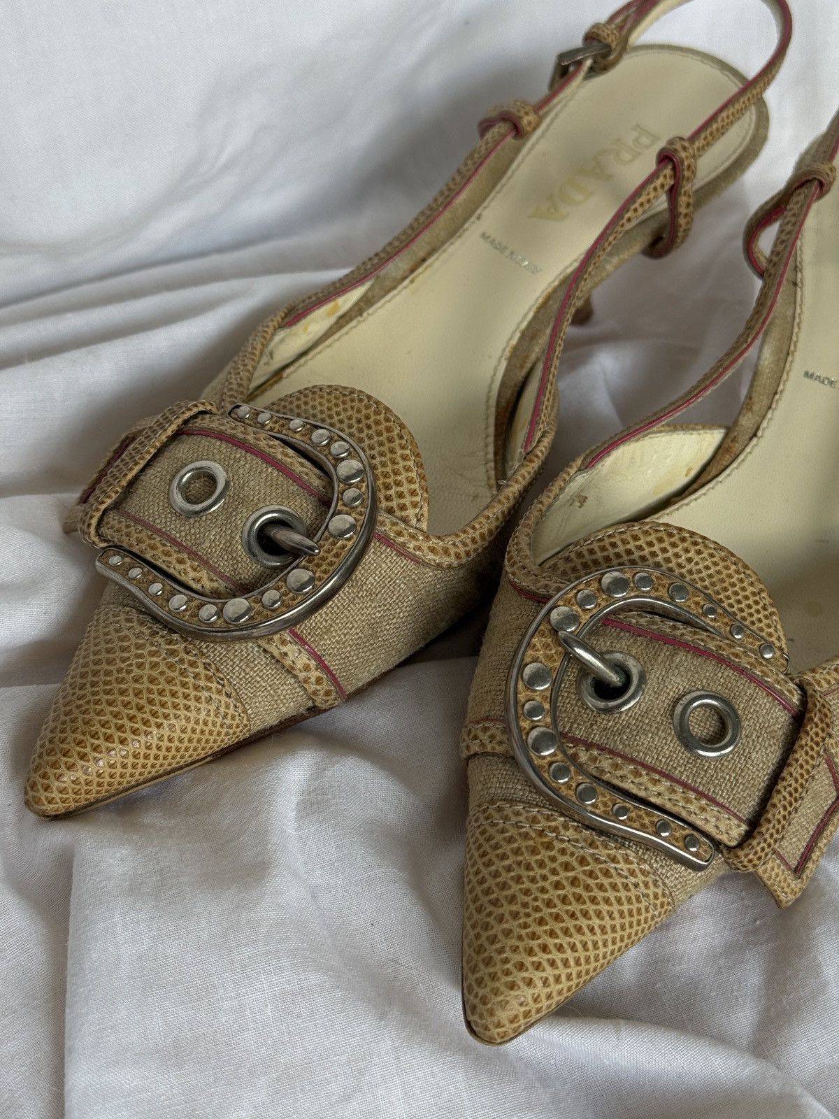 Prada Prada Cloth Beige Buckle Mules Kitten Heels Size US 6.5 / IT 36.5 - 4 Thumbnail