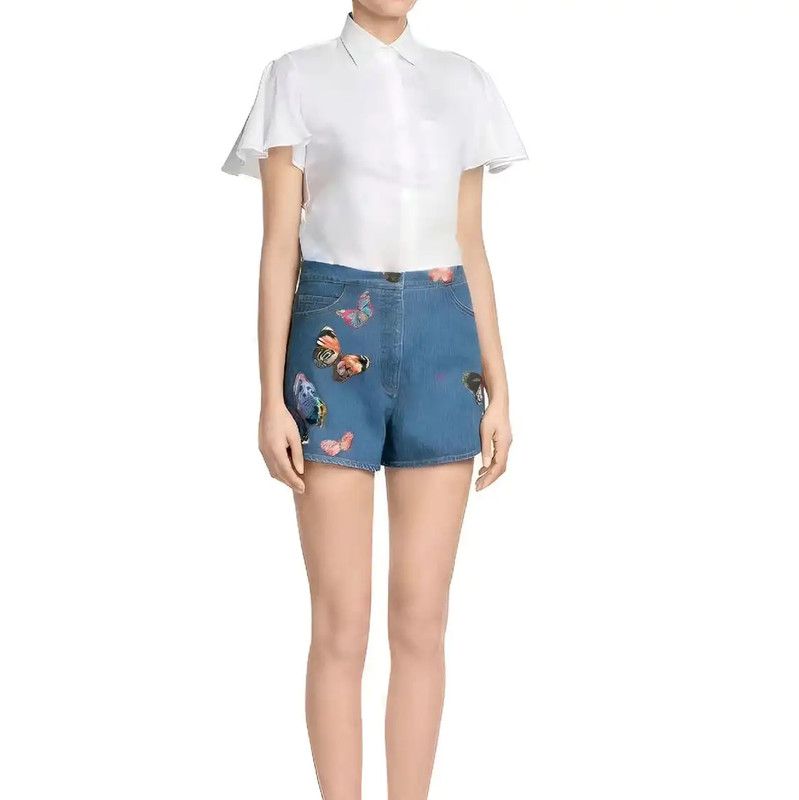 Valentino Valentino Blue Denim Butterfly Embroidered Shorts 0089 Size 23" - 1 Thumbnail