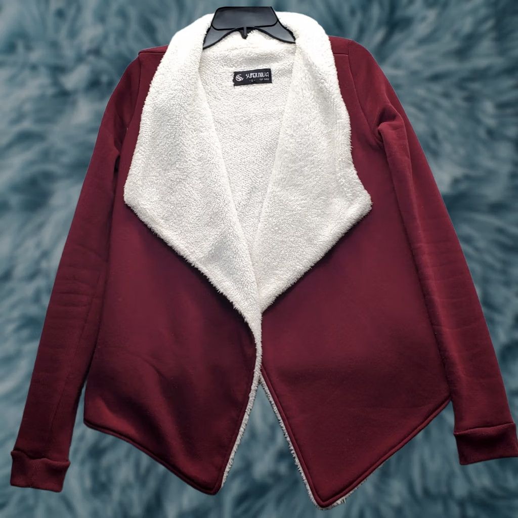 Vintage Supernova Cardigan Womens S Burgundy Sherpa Lined Shawl Open Front Knit Shirt Size S / US 4 / IT 40 - 1 Thumbnail