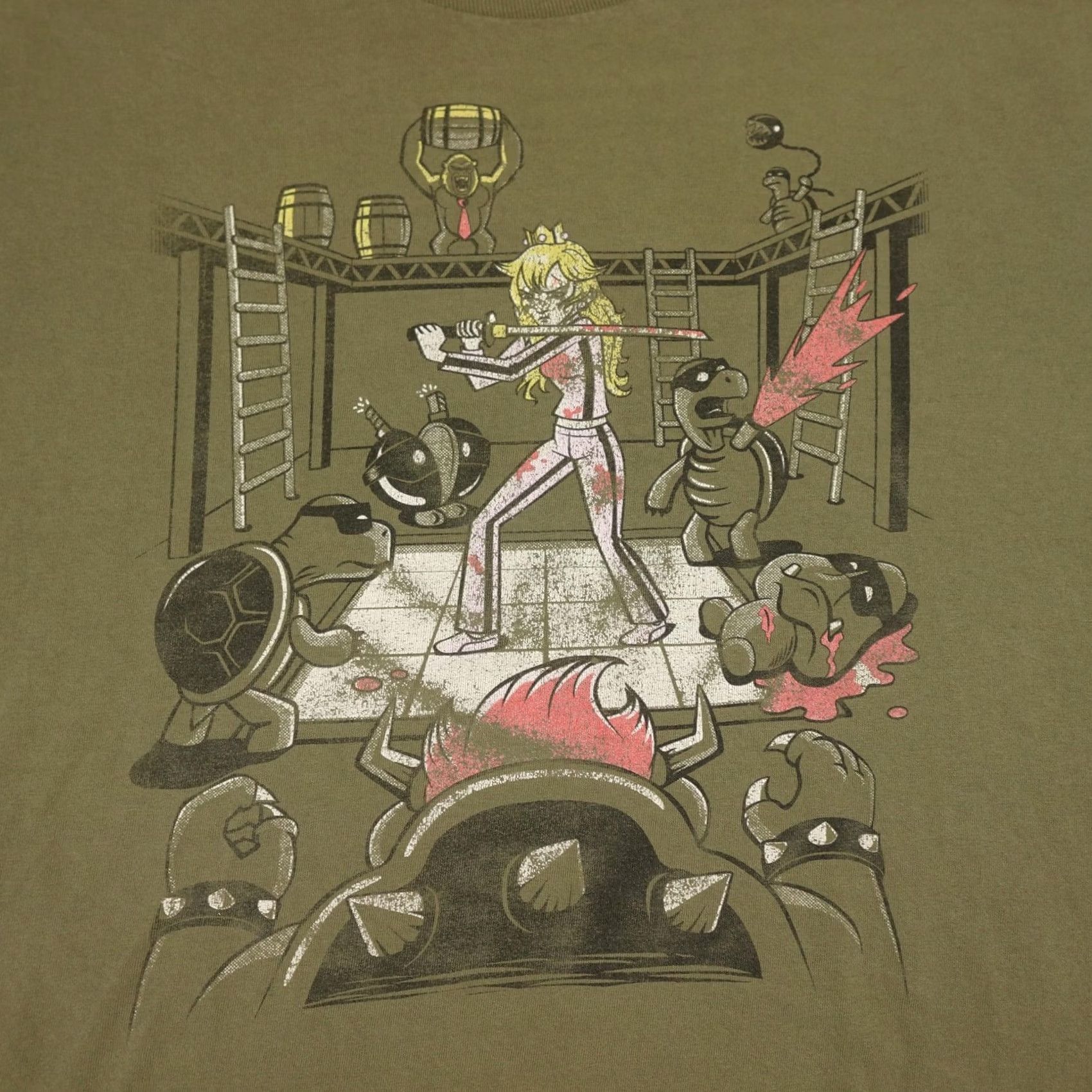 Olive TeeFury Kill Bill Princess Peach Shirt Mens Large Olive Green Mario Parody Tee Shirt Size US L / EU 52-54 / 3 - 4 Thumbnail