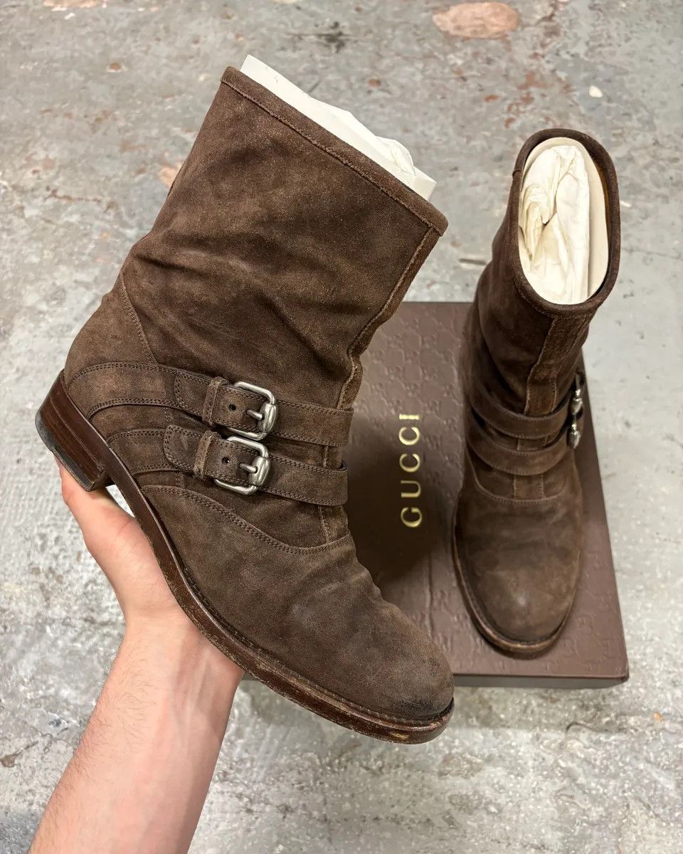 Gucci 2000s Gucci Brown Biker Buckles Ankle Eroded Suede Leather Boots Size US 7.5 / EU 40-41 - 1 Thumbnail