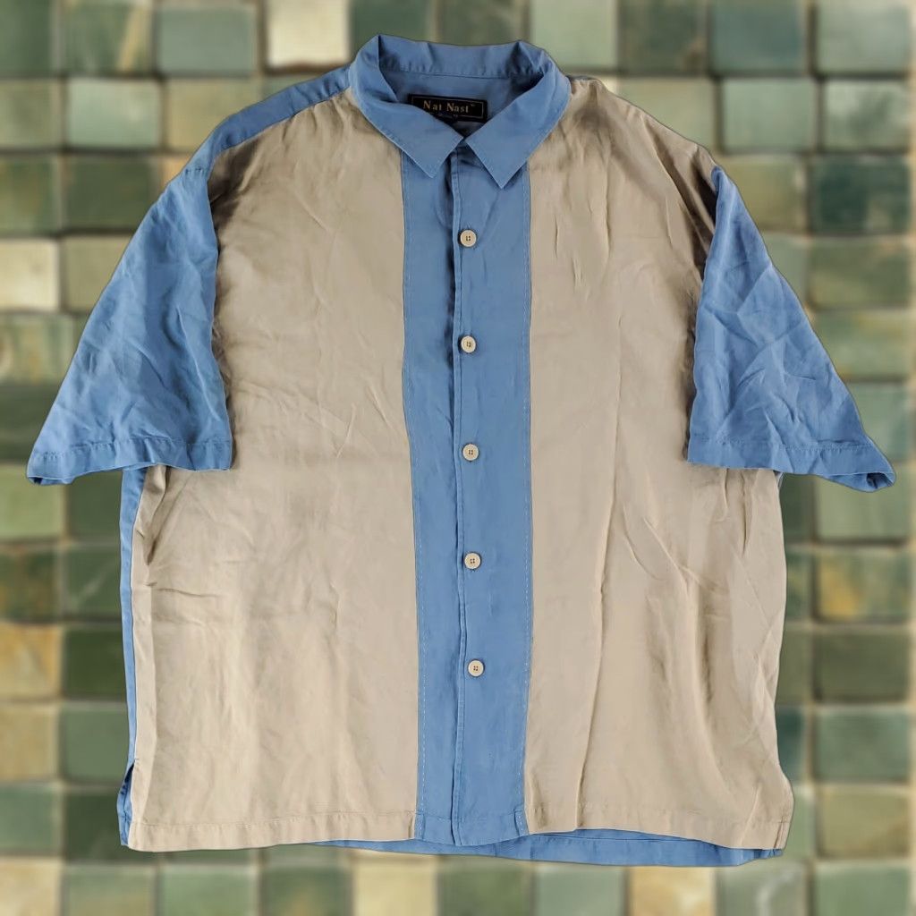 Nat Nast Nat Nast Bowling Shirt 100% Silk Button Up Loop Collar Blue White Mens XL Shirts Blue White XL Mens Size US XL / EU 56 / 4 - 1 Thumbnail