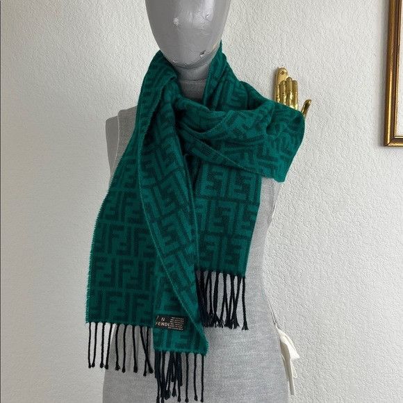 Fendi VTG Fendi Green Fringe Black Logo Scarf Wrap Size ONE SIZE - 1 Thumbnail