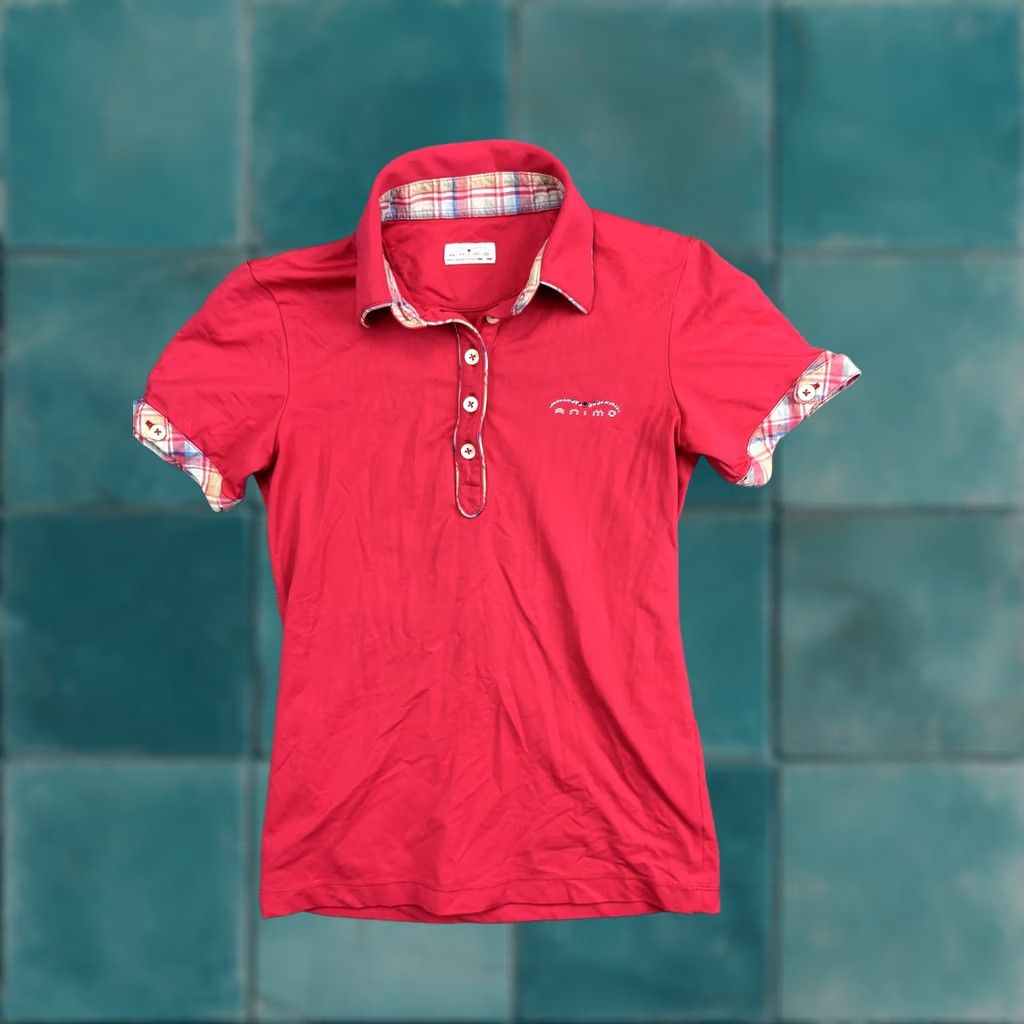 Vintage VINTAGE Animo Polo Shirt Womens XS Red Plaid Trim Rhinestone Logo Made Italy Size S / US 4 / IT 40 - 1 Thumbnail