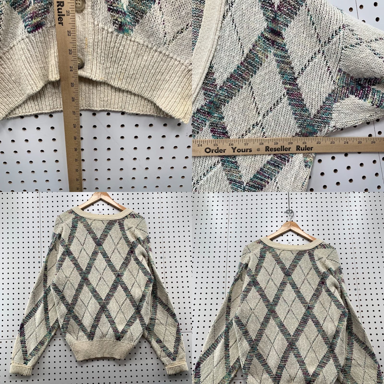 Vintage VINTAGE Escadrille Knit Cardigan Sweater Mens M Beige Argyle 90s USA 23X27 Size US M / EU 48-50 / 2 - 9 Thumbnail