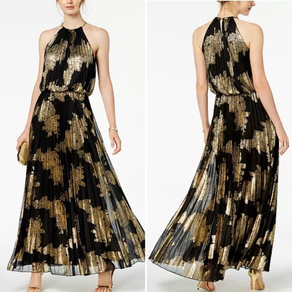 Pose Msk NWT MSK Metallic Print Pleated Blouson Gown Black Gold 8 Grailed