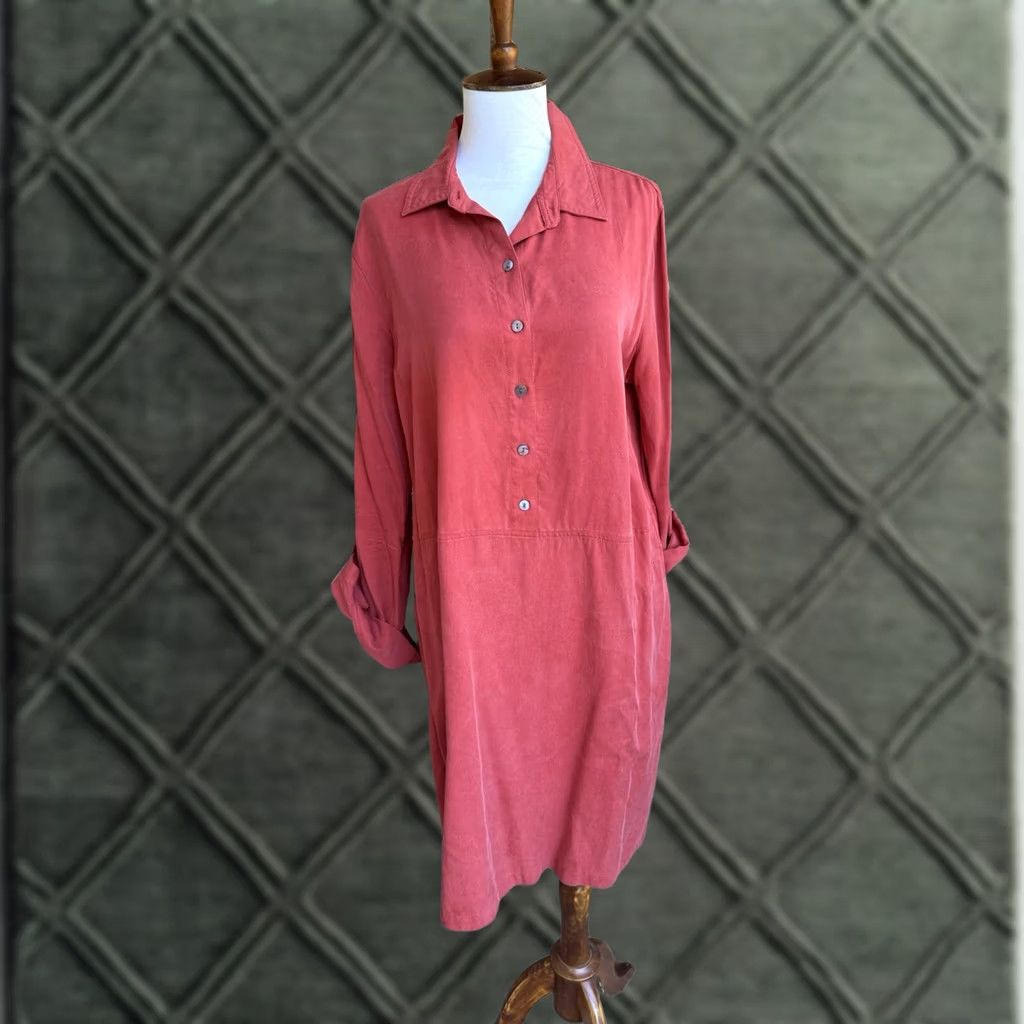 Vintage John Mark Shirt Dress Medium Coral Long Sleeve 100% Tencel Button Front Roll Tab Sleeve Tie Tunic or shirt dress Womens Size M / US 6-8 / IT 42-44 - 1 Thumbnail