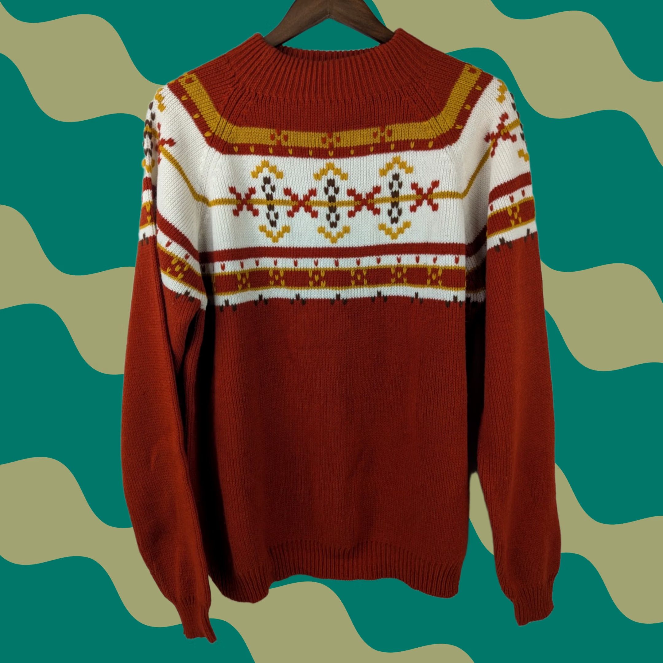 Vintage VINTAGE J. C. Penney Men’s XL Nordic Fair Isle Sweater Rust Orange Mock Neck Pullover Skiing Knits Womens Mens Boys Girls Size US XL / EU 56 / 4 - 1 Thumbnail