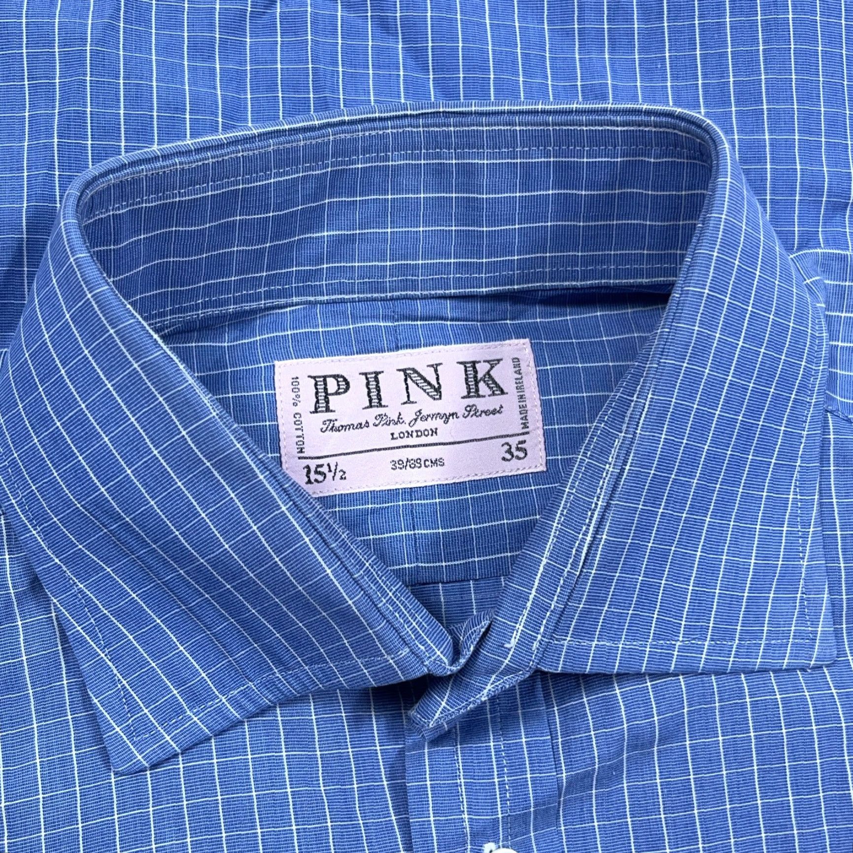 Vintage Thomas Pink Shirt Men 15.5 35 Blue Button-Up Dress French Cuff Poplin Grid Check Size 42R - 4 Thumbnail
