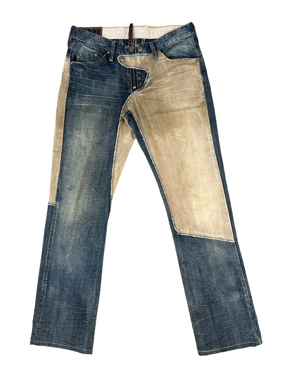 image of Marithe Francois Girbaud Vintage Mfg Dirty Muddy Hybrid Denim Patchwork Jeans in Blue (Size 29)