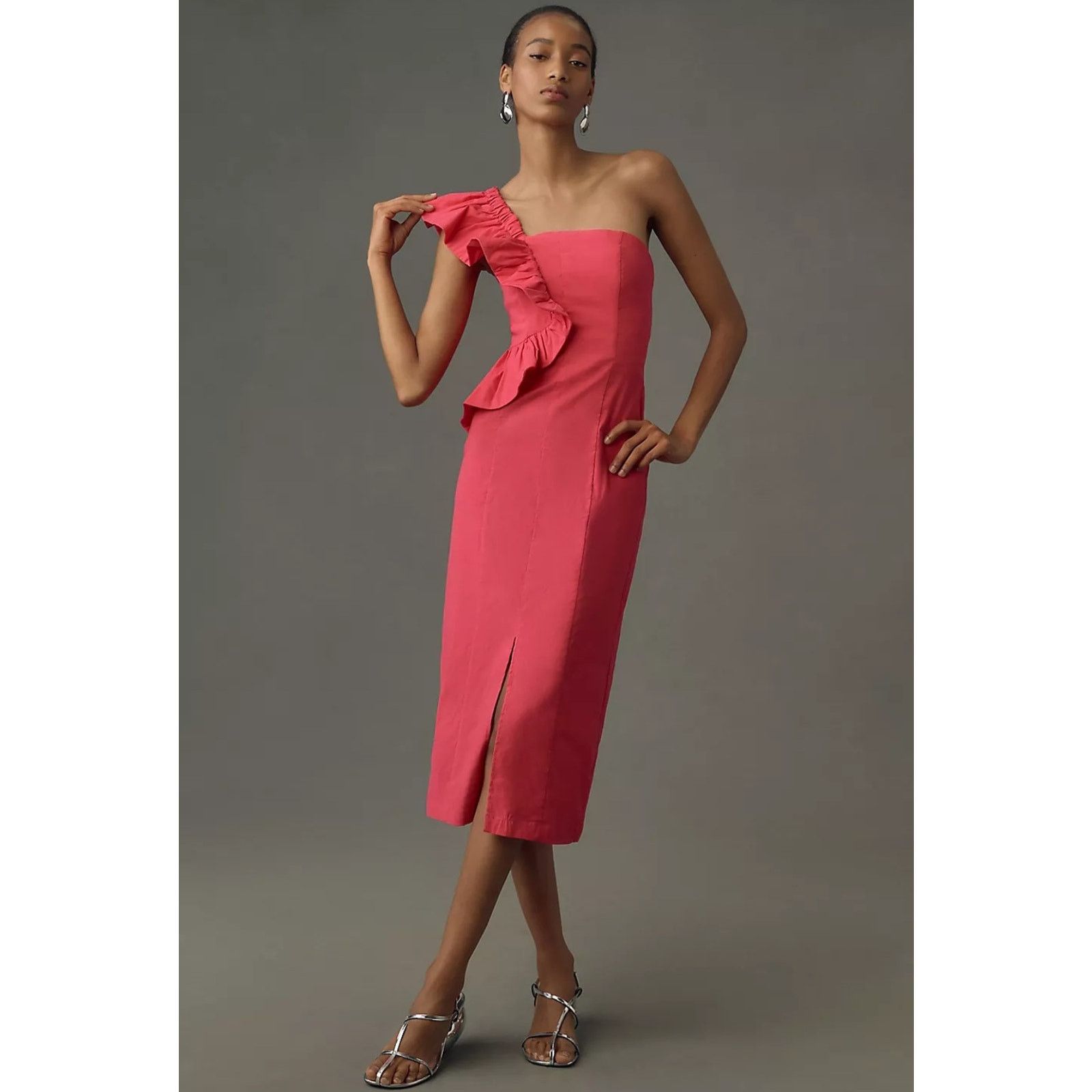NWT One-Shoulder Ruffle Linen Column Midi Dress $168 LARGE