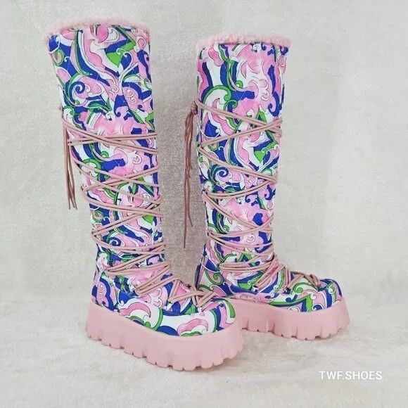 Other Winter Stomper 2" Platform Knee Boots Pink Design Fur Trim Size US 10 / IT 40 - 5 Thumbnail