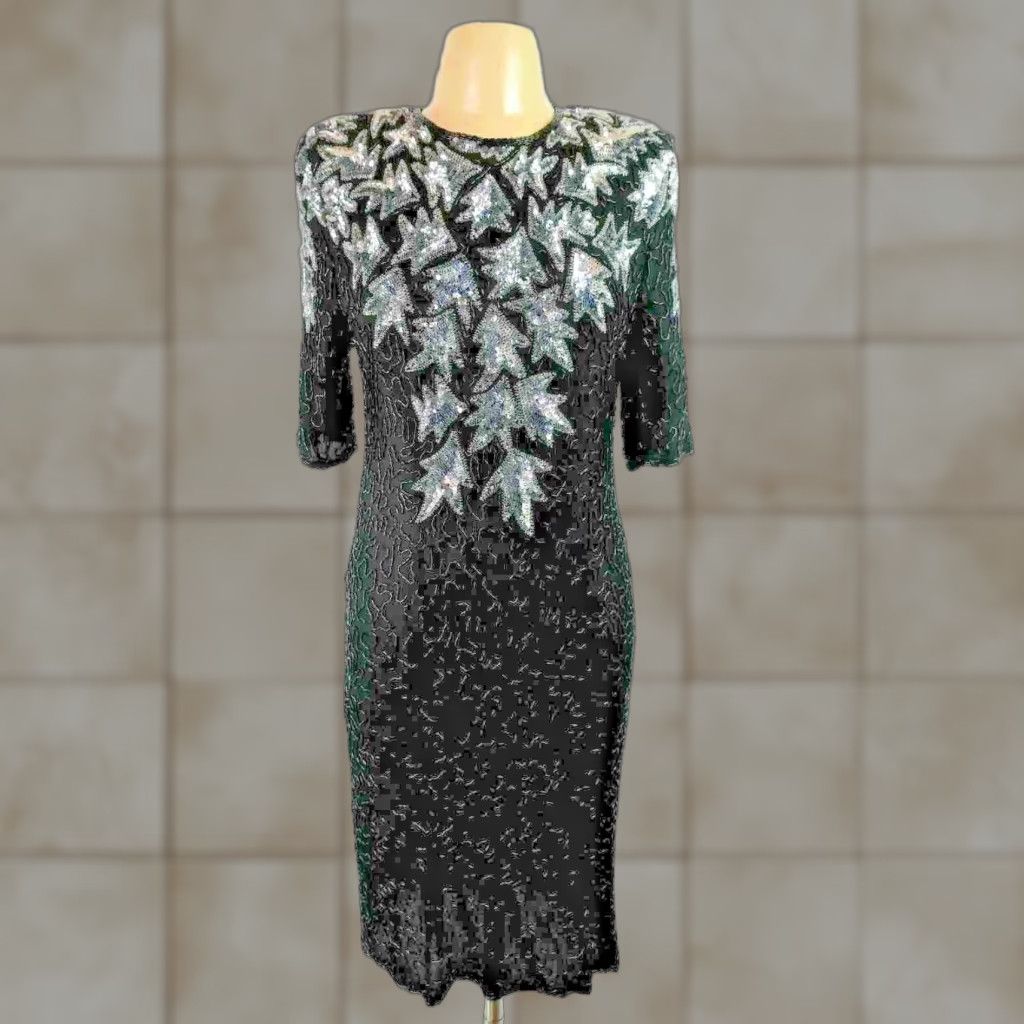Vintage 1980s Flapper Evening Gown Dress Black Silver Sequin