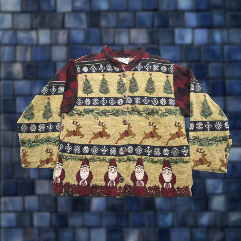VTG Weavers Cardigan Sweater One Size Round Neck Long Sleeve Multicolor Cotton Christmas Santa Pockets Graphic Print Button Womens