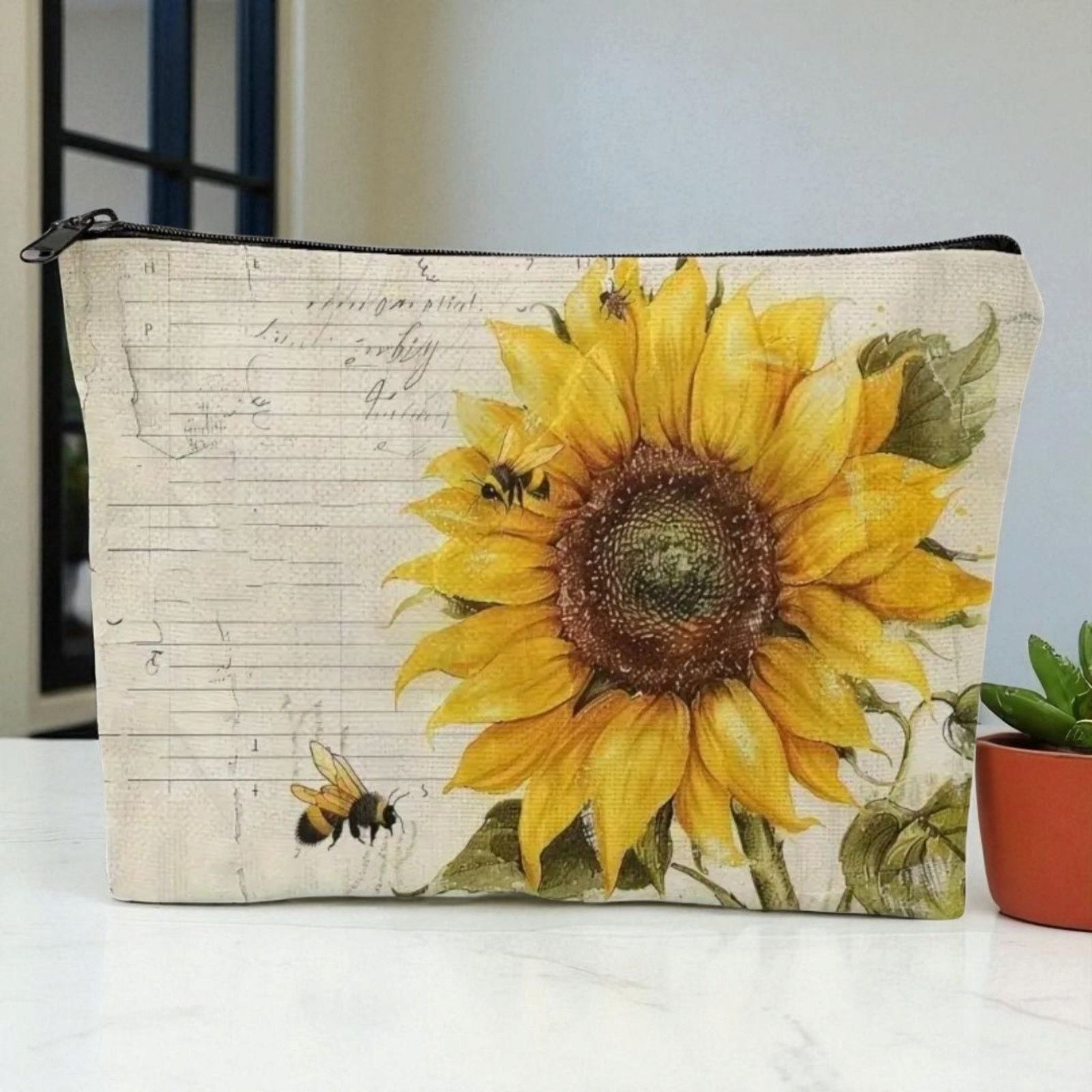 Other Vintage Sunflower Bee Cosmetic Bag Linen Makeup Organizer Size ONE SIZE - 1 Thumbnail
