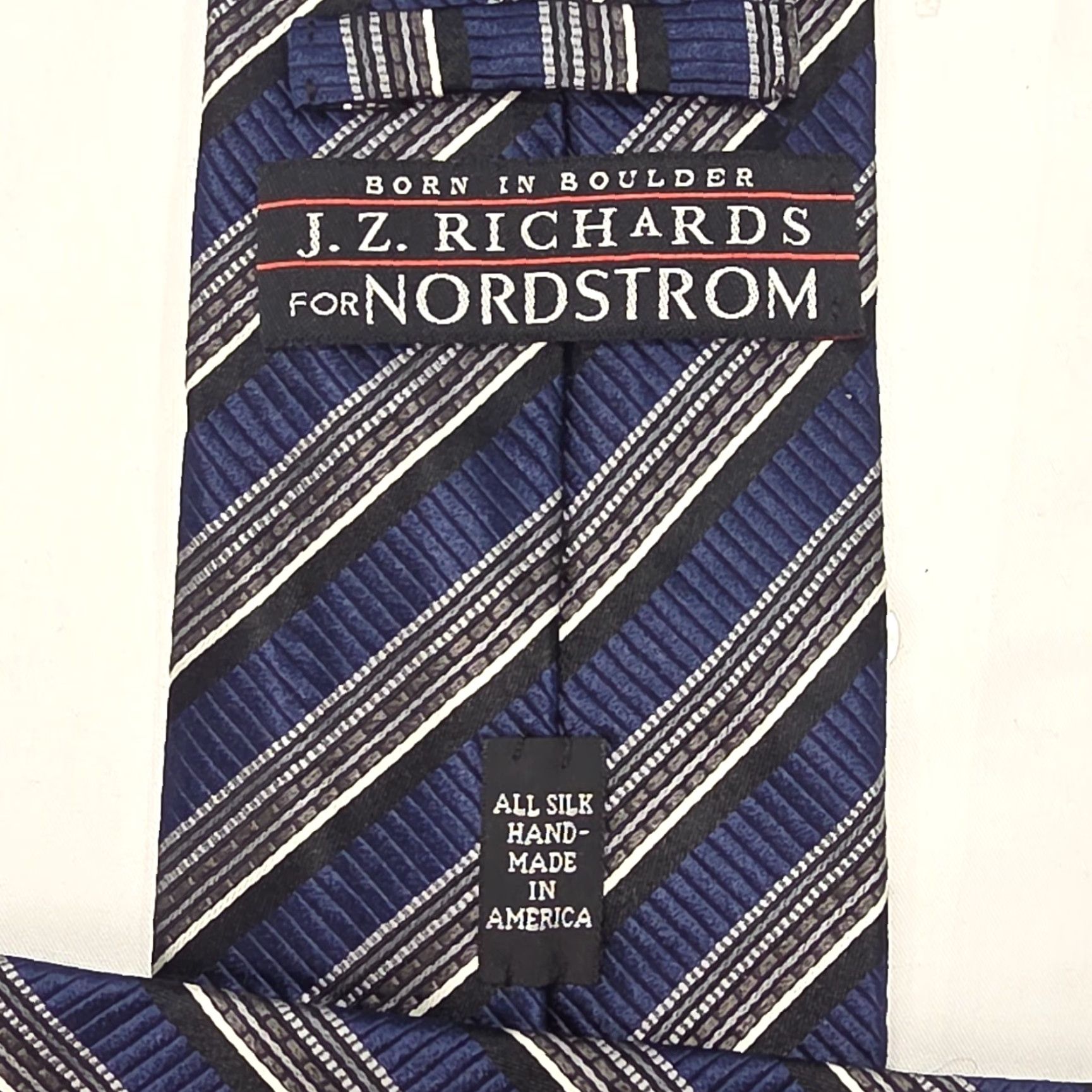Vintage VINTAGE JZ Richards Necktie Mens Blue Black Hand Made 100% Silk Designer Made In USA Striped Tie 58 1/2" X 3 3/4" Classic Width Mens Size ONE SIZE - 4 Thumbnail