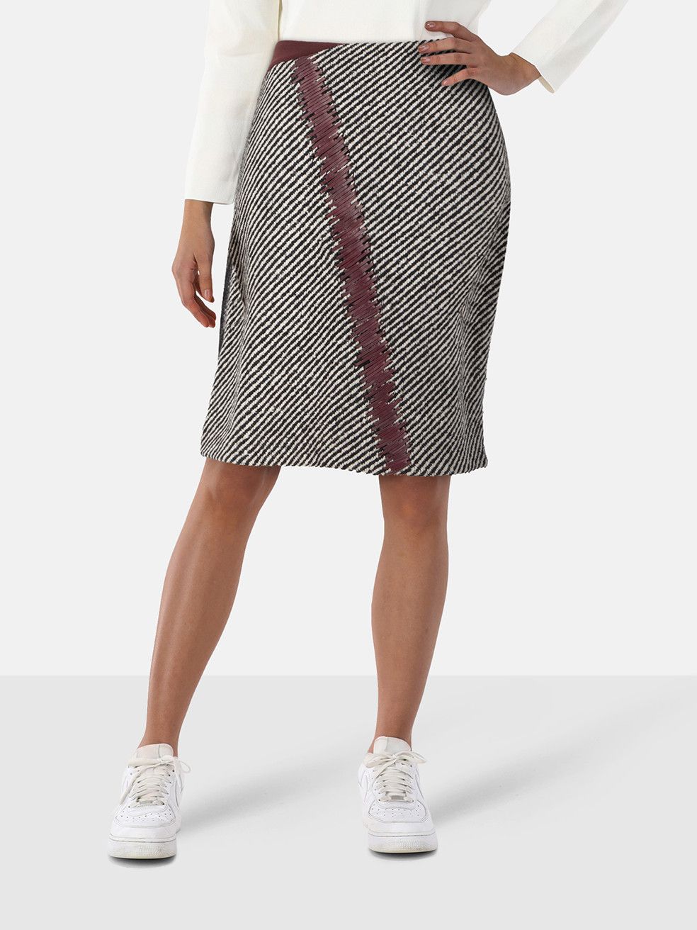 Fendi Wool Striped Tweed Leather Detail Midi Skirt Size 30" / US 8 / IT 44 - 1 Thumbnail