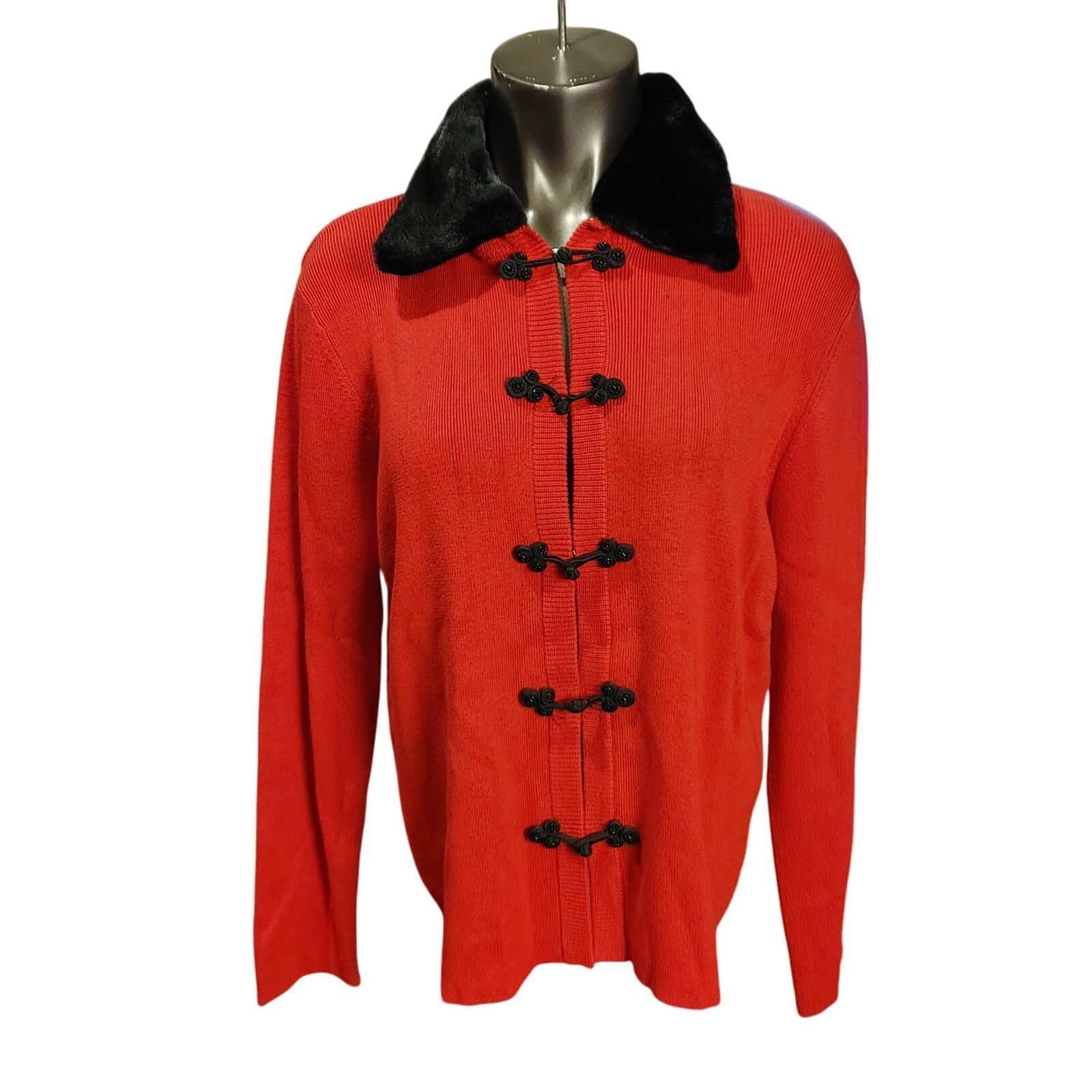 Other Kikit Womens LG Red Knit Black Faux Fur Trim Cardigan Size L / US 10 / IT 46 - 1 Thumbnail
