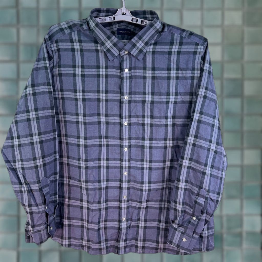 CLOT Proper Cloth Shirt 4XL Adult Blue Plaid Linen Blend Button-Up Shirt Mens Size US XXL / EU 58 / 5 - 1 Thumbnail