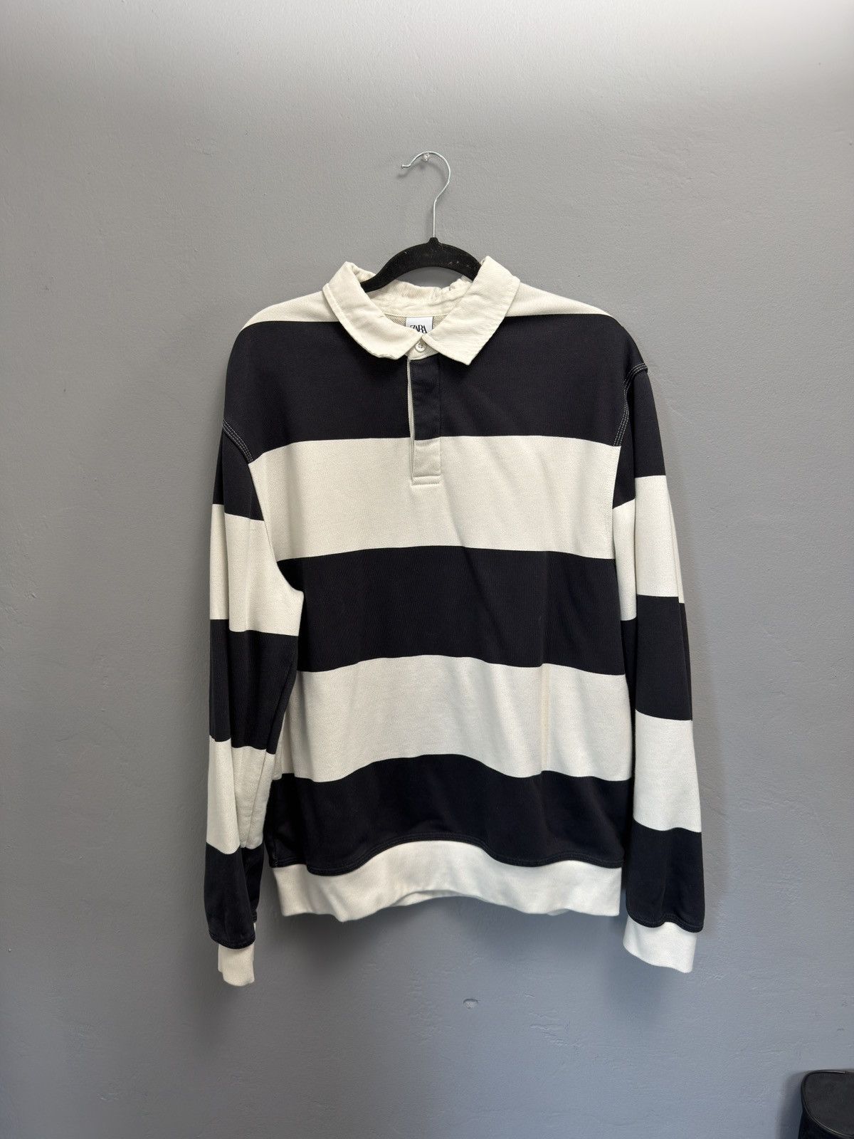 Zara Zara Striped Long Sleeve Polo (Navy Blue Striped) Size US L / EU 52-54 / 3 - 1 Thumbnail