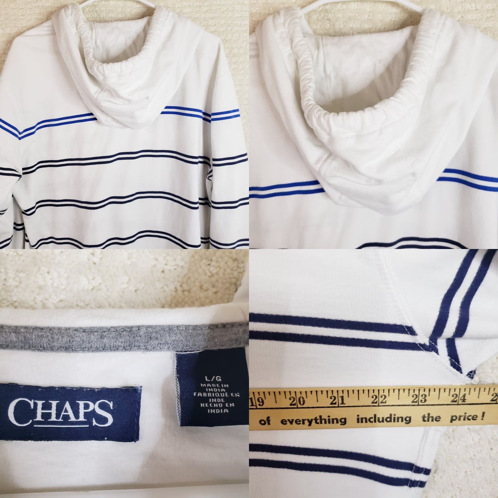 Chaps Chaps Men's L White Blue Navy Striped Cotton Blend Long Sleeve Pullover Hoodie Size US L / EU 52-54 / 3 - 8 Thumbnail