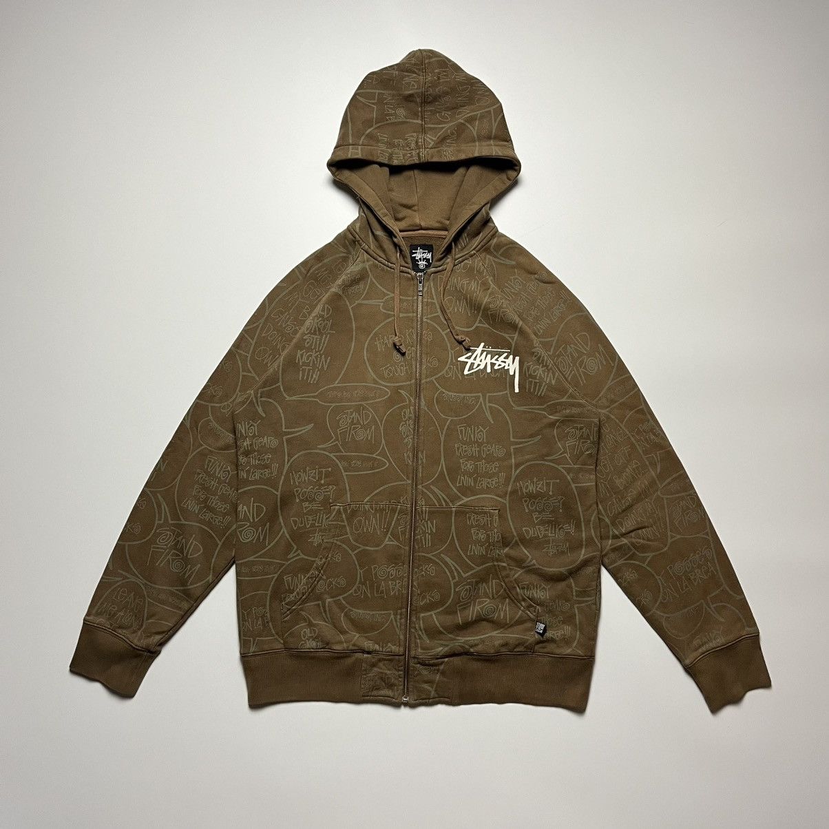 Stussy Stüssy All-Over Graffiti-Print Full-Zip Hoodie Brown – 2000s Size US XL / EU 56 / 4 - 1 Thumbnail