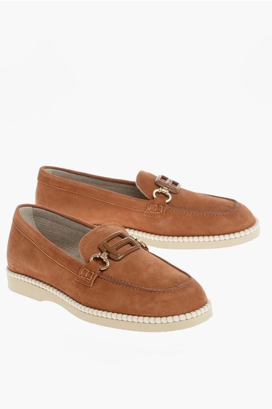 image of Hogan Suede Bit Loafers With Rubber Sole in Brown, Women's (Size 5)