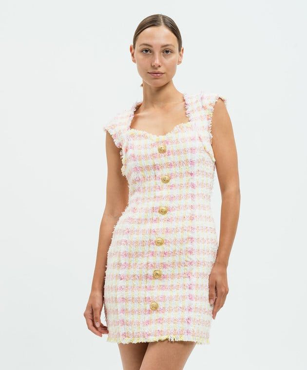 Balmain o1s1wg110725 Checked Tweed Sheath Dress in Multicolor Size XL / US 12-14 / IT 48-50 - 3 Thumbnail