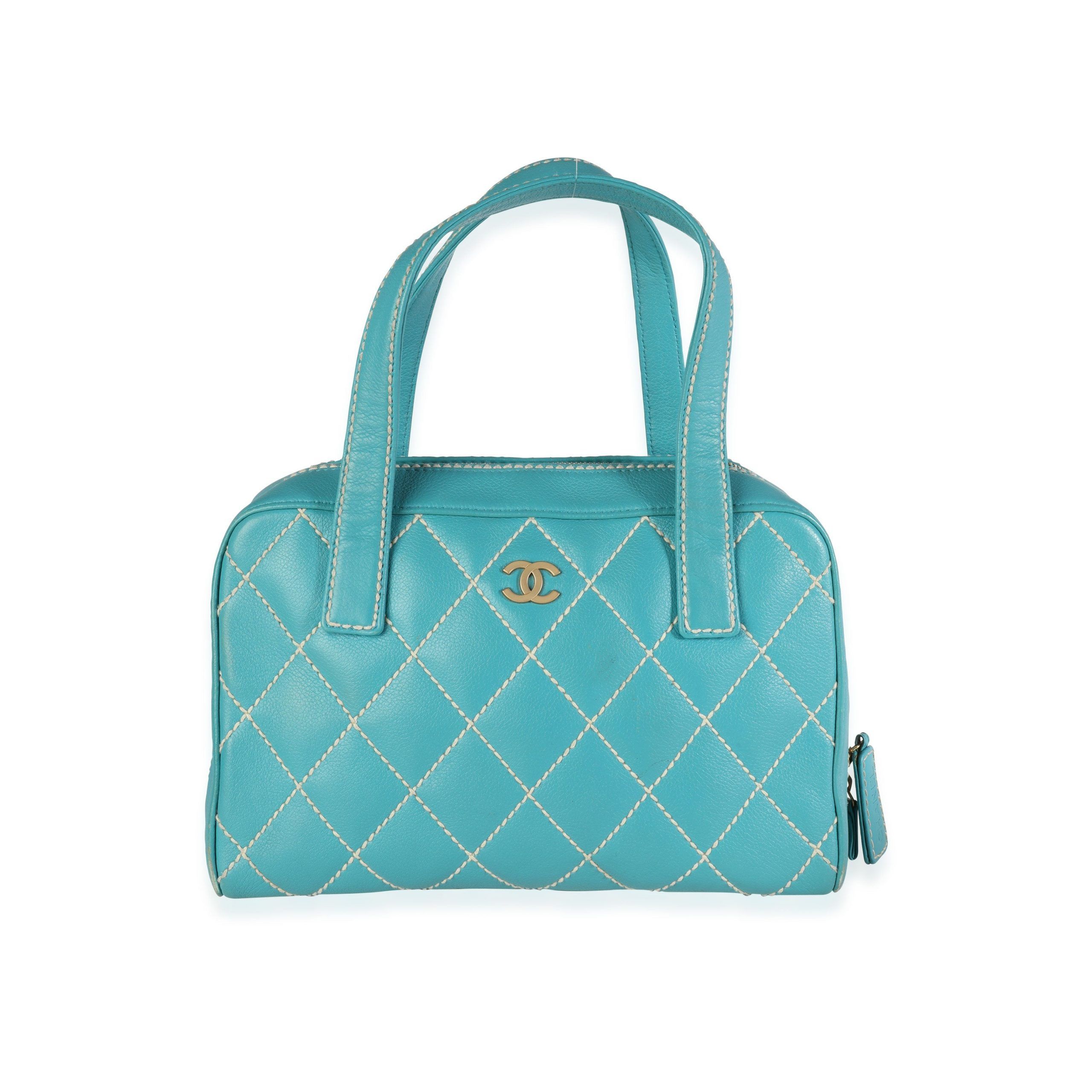 image of Chanel Turquoise Leather Small Wild Stitch Tote in Blue, Women's