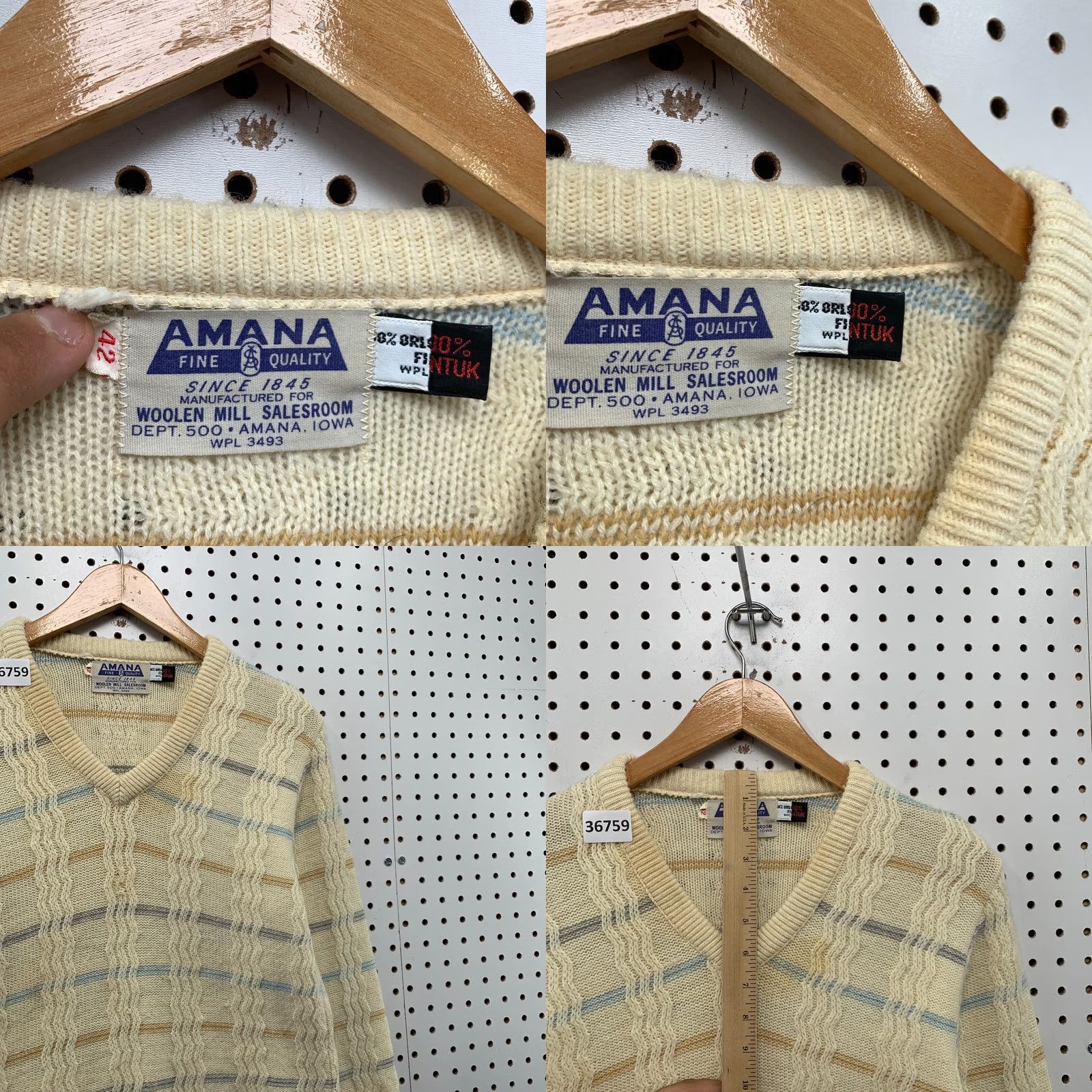 Vintage VINTAGE AMANA Wintuk Knit Sweater Mens Size 42 Beige V Neck Striped Pullover Size US L / EU 52-54 / 3 - 8 Thumbnail