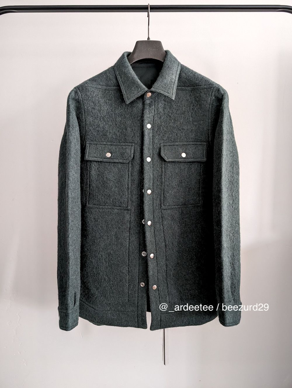 Rick Owens STROBE TEAL WOOL/ALPACA PLAID CHECK OUTERSHIRT | Grailed