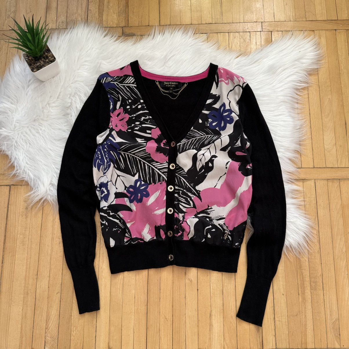 Juicy Couture 📌 Crazy Juicy Couture Black Long Sleeve Flowers Cardigan Size XS / US 0-2 / IT 36-38 - 1 Thumbnail